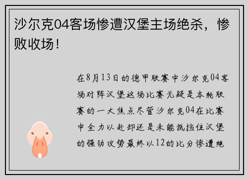 沙尔克04客场惨遭汉堡主场绝杀，惨败收场！